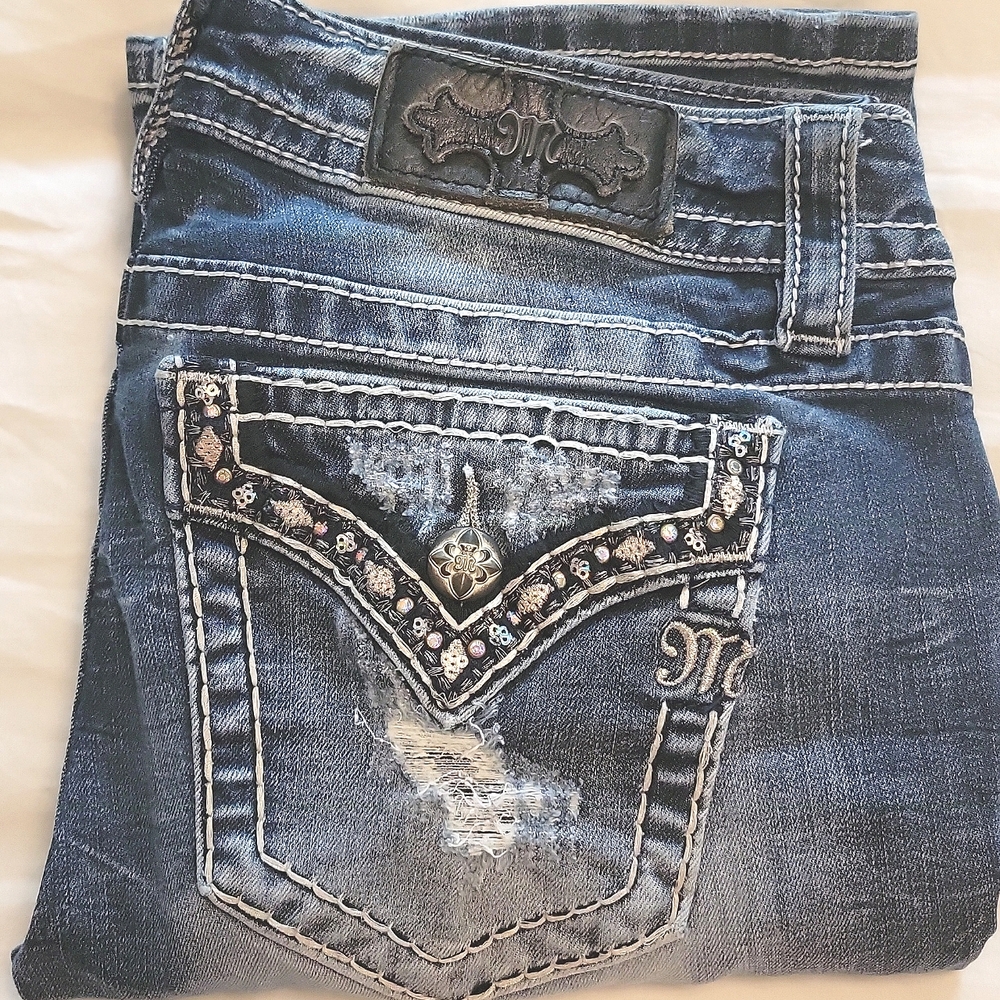 Miss Me Medium Wash Boot Cut Jeans With Accent Stones & Factory Distressing